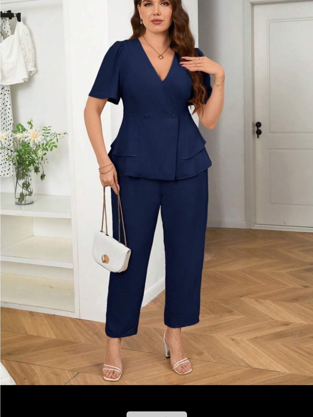 Navy V-Neck Short Sleeve Peplum Jumpsuit